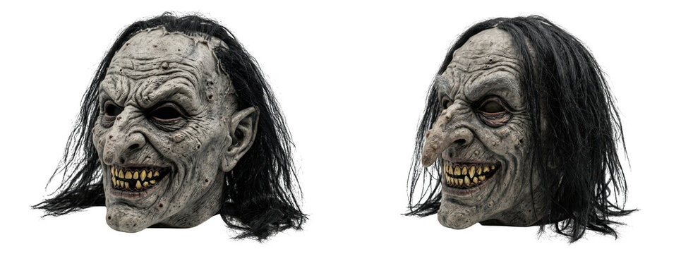 Creepy witch mask with long black hair isolated on transparent background
