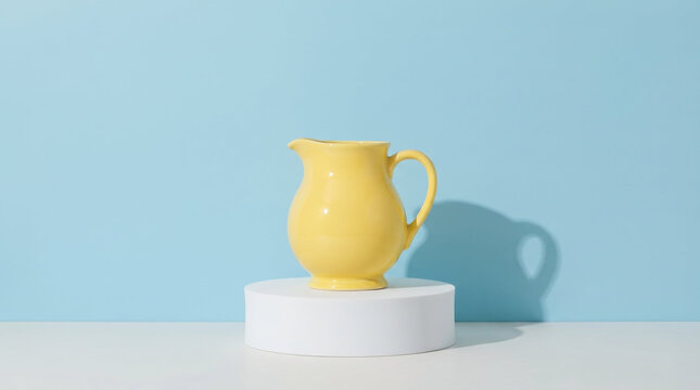 Ceramic pitcher on pedestal in clean graphic style, bright yellow, white and soft blue, domestic kitchenware display or liquid container mockup with copy space