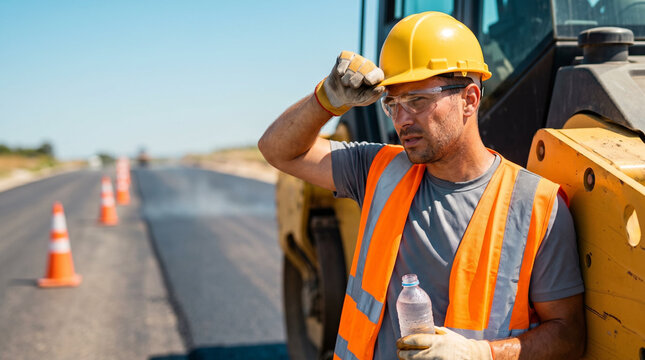 Exhausted road construction worker in orange safety vest with tired expression holding water bottle during rest break against asphalt paving machine and sunny highway backdrop