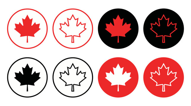 Maple Leaf Circular Icon Set, Red, Black, and White Canada Flag Badge Signs, National Canadian Emblem Vector Illustrations in Solid Silhouette and Outline Styles