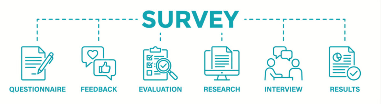 Survey concept banner with icons of questionnaire, feedback, evaluation, research, interview, results