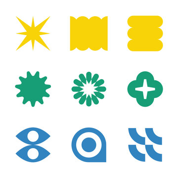 Trendy set of nine abstract geometric vector shapes brutalist graphic elements isolated on a white background.