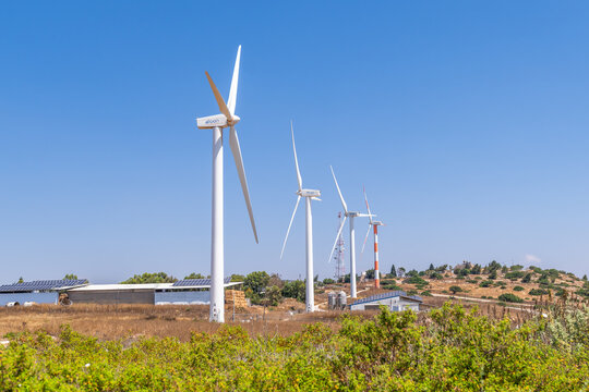 Wind turbines of Maale Gilboa Renewable Energy Wind Farm on  Mount Gilboa in Israel.
