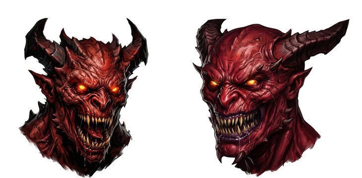 Two detailed illustrations of demonic red monster heads with glowing eyes and sharp teeth isolated on transparent background