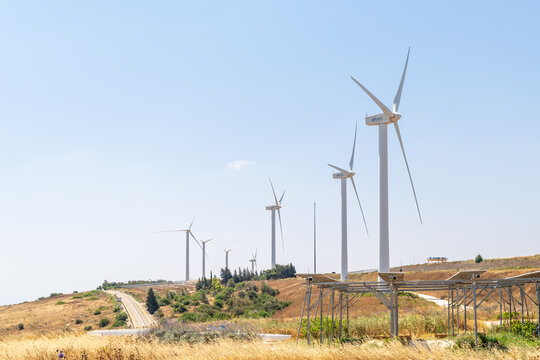 Wind turbines of Maale Gilboa Renewable Energy Wind Farm on  Mount Gilboa in Israel.
