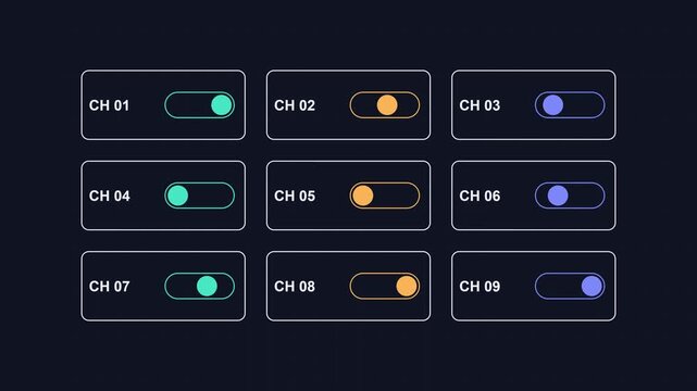 Digital interface control panel with animated toggle switches and channel selectors dashboard