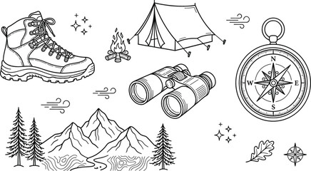 Camping and outdoor adventure line art vector icon set with mountains tent hiking boot compass and binoculars © Mstshneha