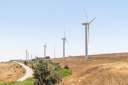Wind turbines of Maale Gilboa Renewable Energy Wind Farm on  Mount Gilboa in Israel.
