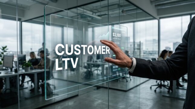 Businessman interacting with digital screen with customer ltv metrics, for growth in lifetime value, financial success, data analysis, strategic business development