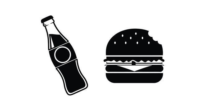 Bottle of soda and bitten hamburger black silhouette