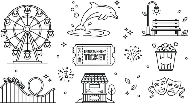 Amusement park line art vector icon set with ferris wheel roller coaster ticket popcorn booth and dolphin show