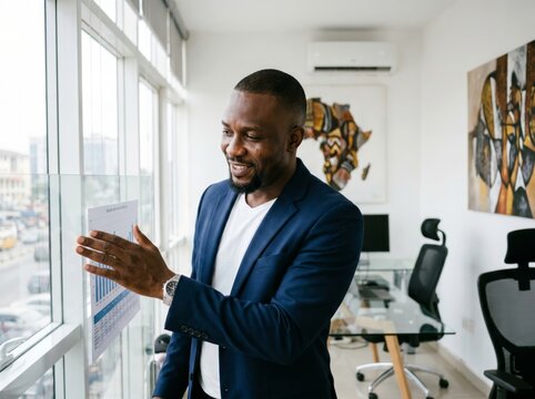 Business executive standing near office window reviewing information, symbolizing leadership, corporate success, productivity, and professional growth.