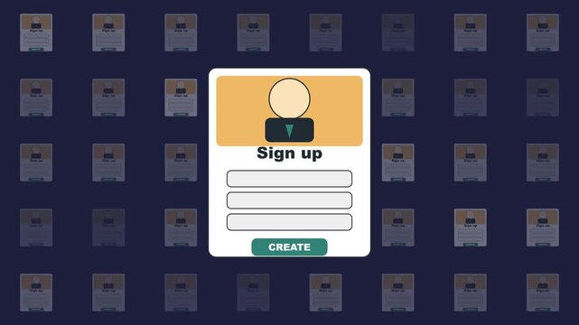Digital sign up form interface animation with user profile and create account button registration login