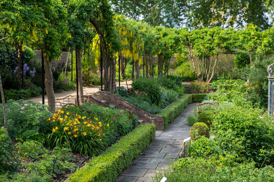 A picturesque stone path winding through the lush gardens of Kew with a beautiful yellow laburnum archway and colorful flowerbeds.