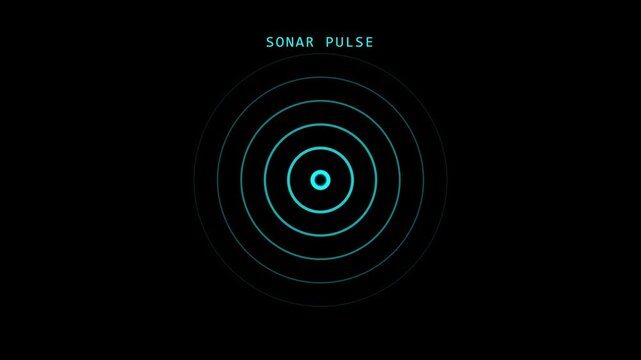 Digital sonar pulse radar animation, glowing blue concentric circles on black background, wave detection