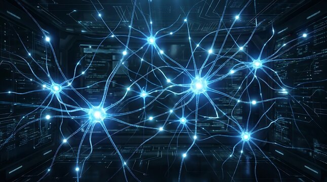 Neural network connections in a futuristic digital environment with glowing blue nodes and lines