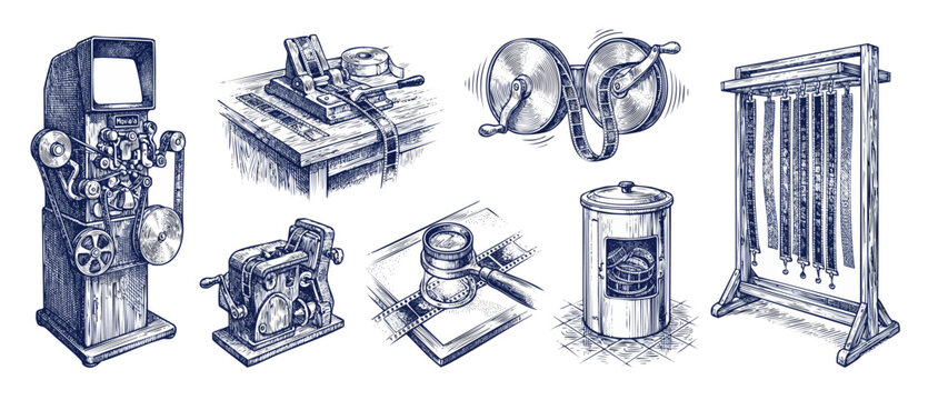 Vintage film editing equipment drawings of retro movie production tools including film reels splicer viewer and drying rack isolated on white background for cinema history and nostalgic filmmaking des