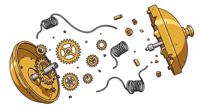 Mechanical clock gears and springs exploding in dynamic motion  