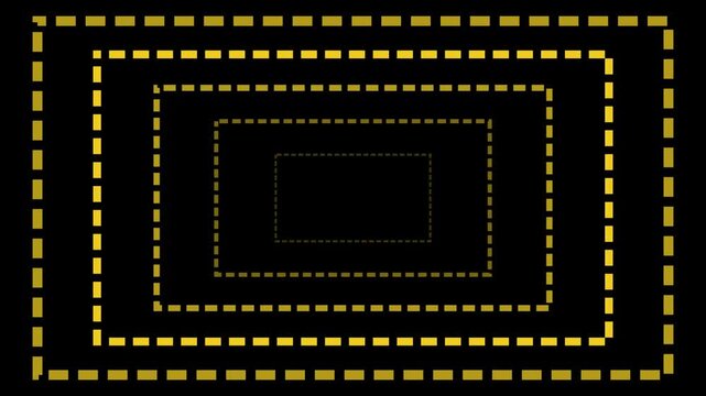 Golden dashed rectangles tunnel motion background, abstract infinite loop