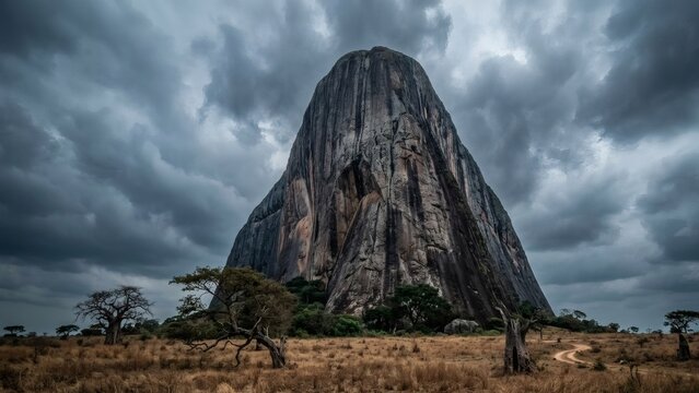 Massive sheer granite monolith rising above a dense tropical forest in Nigeria