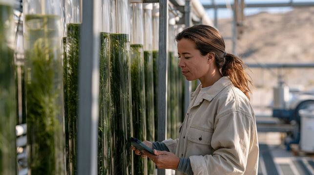 Algae bioreactor array inside a desert greenhouse research station where a process engineer monitors dissolved oxygen and salinity via wireless sensors, cultivation tubes angled