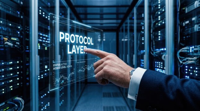 Professional hand interacting with digital protocol layer interface in server room, for advanced network security, data management, high tech corporate infrastructure control