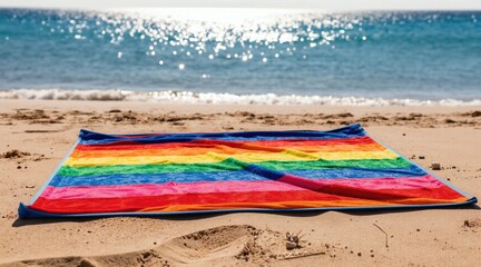Fototapeta premium Colorful beach towel laid out on sand, ocean waves gentle in background. Sunlight sparkles on blue water. Peaceful tropical seaside scene inviting summer relaxation.