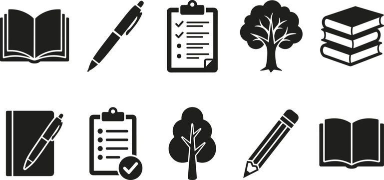 Black Silhouettes of Books, Pens, Clipboards, and Trees for Education and Organization Design