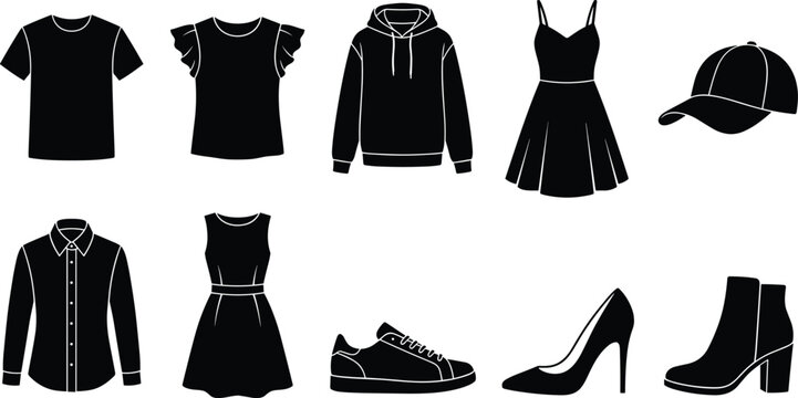Black Silhouettes of Clothing and Fashion Accessories for Apparel and Style Design Projects