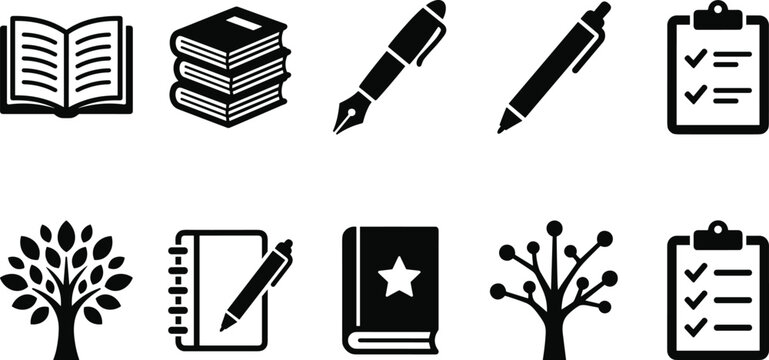 Black Silhouettes of Books, Pens, Clipboards, and Trees for Education and Productivity Design