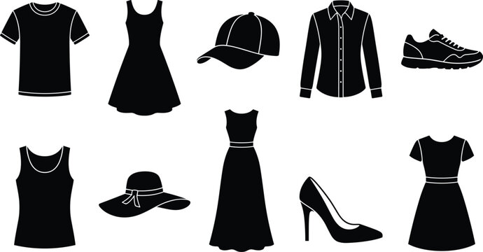 Black Silhouettes of Clothing and Fashion Accessories for Apparel and Wardrobe Design Projects