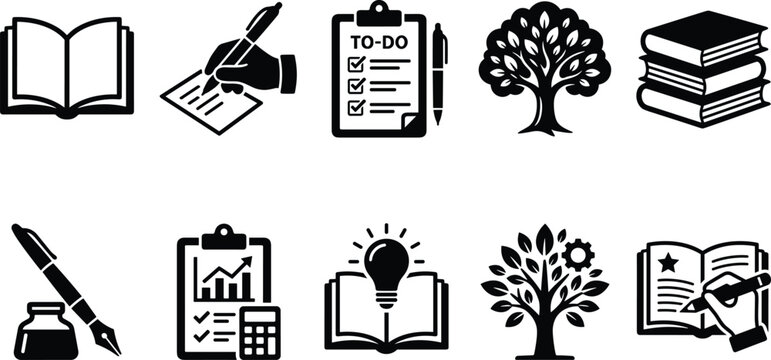 Black Silhouettes of Education and Creativity Icons for Academic and Productivity Design