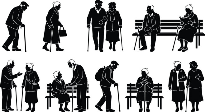 Black Silhouettes of Elderly People in Daily Life and Companionship Activities