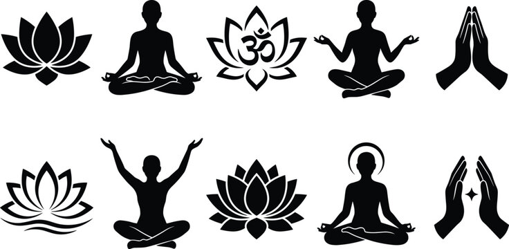 Black Silhouettes of Meditation and Spiritual Symbols for Yoga and Mindfulness Design