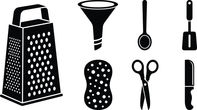 Black Silhouettes of Kitchen Tools and Utensils for Cooking and Food Preparation Design