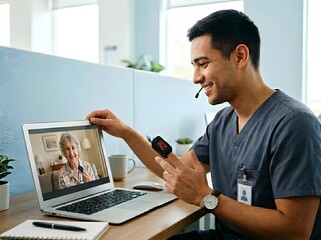 Fototapeta premium Smiling male nurse explaining pulse oximeter device to senior woman patient during telemedicine call