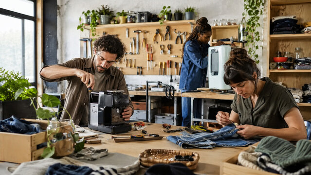 People repairing household items in circular economy workshop