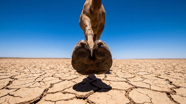 Camels toe standing on cracked dry desert earth under bright clear blue sky