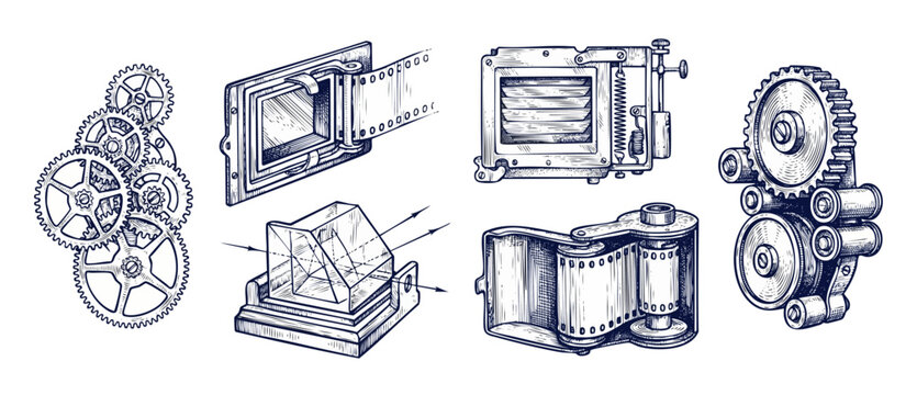 Vintage camera mechanism sketch set featuring gear cogs, film roll spools, and optical shutter diagrams in retro engraving line art style isolated on white background for technology design projects.
