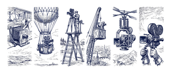 Vintage aerial photography camera drawing of historic cinematography techniques featuring biplanes hot air balloons crane and helicopter in woodcut retro sketch engraving style for media history arts. © Dinali