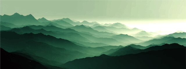 Fototapeta premium Misty green mountain range shrouded ethereal fog, creates mysterious serene atmosphere, distant peaks fade soft light.