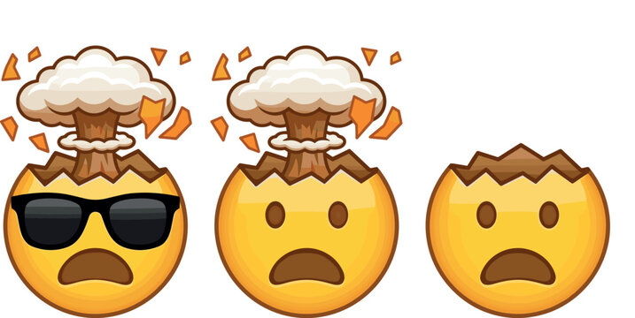 Mind Blown Exploding Head Emoji Icon Set Featuring Yellow Smiley Faces with Mushroom Cloud Smoke Explosions, Cool Sunglasses, and Broken Cracked Open Heads