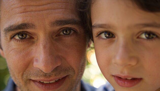 A Father and Son's Bond: A close-up portrait capturing the warm gaze of a father and son, showcasing a deep connection and shared moment.