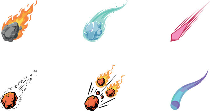 Falling Meteor and Asteroid Icon Set Featuring Burning Comets Meteorites Fireballs Space Debris and Flying Celestial Rocks Vector Game Art Illustration Assets