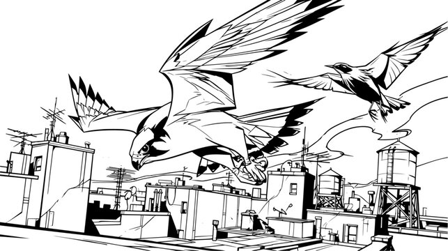 Majestic falcon soaring over a city skyline with spread wings in a dramatic low angle view