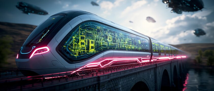 Futuristic white and silver high-tech train with transparent windows revealing bright green electronic components, blending advanced engineering, clean energy, and innovative transportation design.
