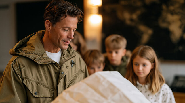 Museum docent in a olive surplus jacket reads decommissioned cipher messages aloud to a small student group huddled in a converted NATO bunker exhibit, original Teletype machinery