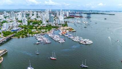 Aerial view of the modern skyline of Bocagrande neighborhood with high-rise luxury buildings and sandy beaches in Cartagena, Colombia. © ricardo