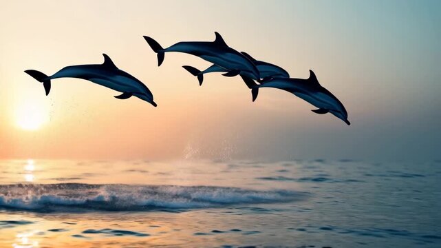 Dolphin Pod Leaping Through Waves in a Tropical Seascape