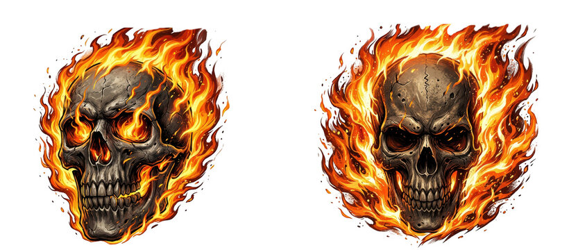 Two flaming skulls with intense fire effects isolated on transparent background